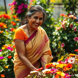 A middle-aged Indian woman with a warm and approachable demeanor, wearing a traditional saree that elegantly drapes around her