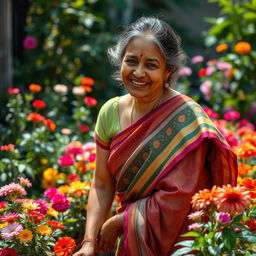 A middle-aged Indian woman with a warm and approachable demeanor, wearing a traditional saree that elegantly drapes around her