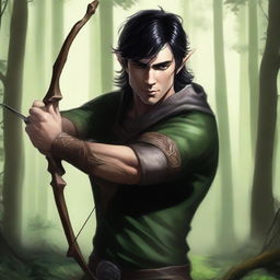 A high-quality digital art image depicts a male half-elf ranger with sleek black hair