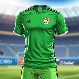 A detailed illustration of the Iraqi national football team's jersey, showcasing its vibrant green color, intricately designed with white and black stripes