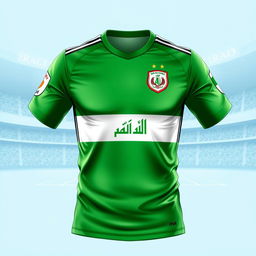 A detailed illustration of the Iraqi national football team's jersey, showcasing its vibrant green color, intricately designed with white and black stripes