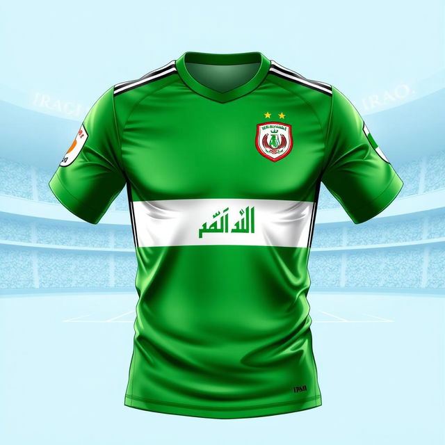 A detailed illustration of the Iraqi national football team's jersey, showcasing its vibrant green color, intricately designed with white and black stripes