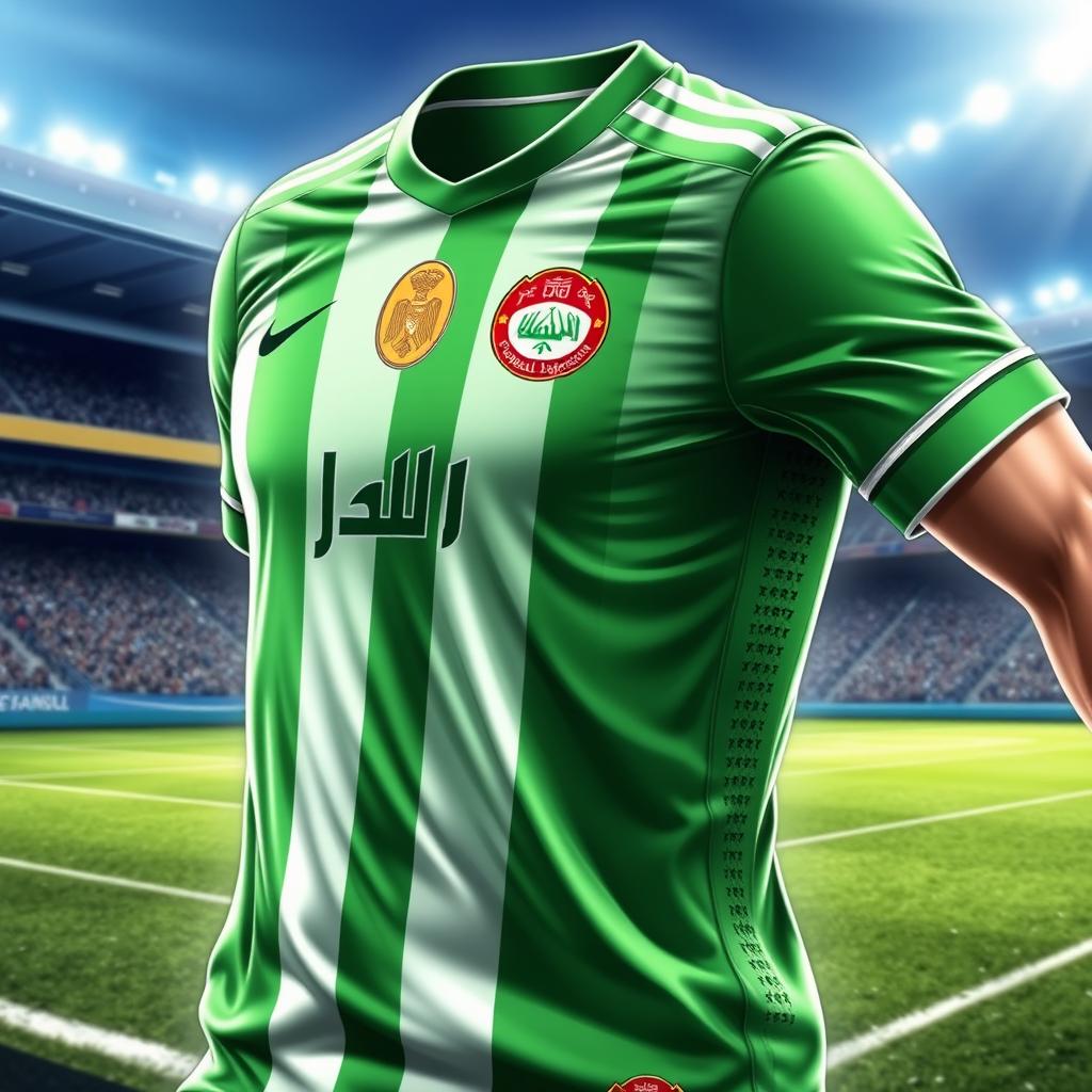 A detailed illustration of the Iraqi national football team's jersey, showcasing its vibrant green color, intricately designed with white and black stripes