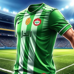 A detailed illustration of the Iraqi national football team's jersey, showcasing its vibrant green color, intricately designed with white and black stripes