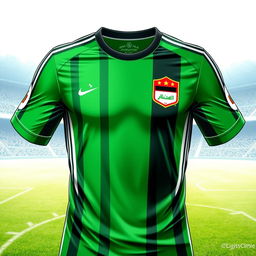 A detailed illustration of the Iraqi national football team's jersey, showcasing its vibrant green color, intricately designed with white and black stripes
