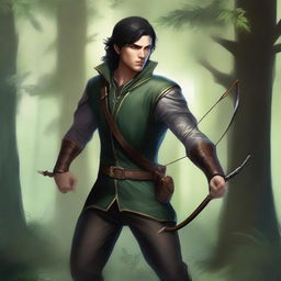 A high-quality digital art image depicts a male half-elf ranger with sleek black hair