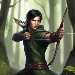 A high-quality digital art image depicts a male half-elf ranger with sleek black hair