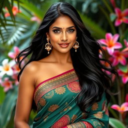 A charismatic Indian woman, exuding confidence and elegance, wearing a beautifully designed saree that gracefully accentuates her curves