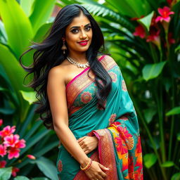 A charismatic Indian woman, exuding confidence and elegance, wearing a beautifully designed saree that gracefully accentuates her curves