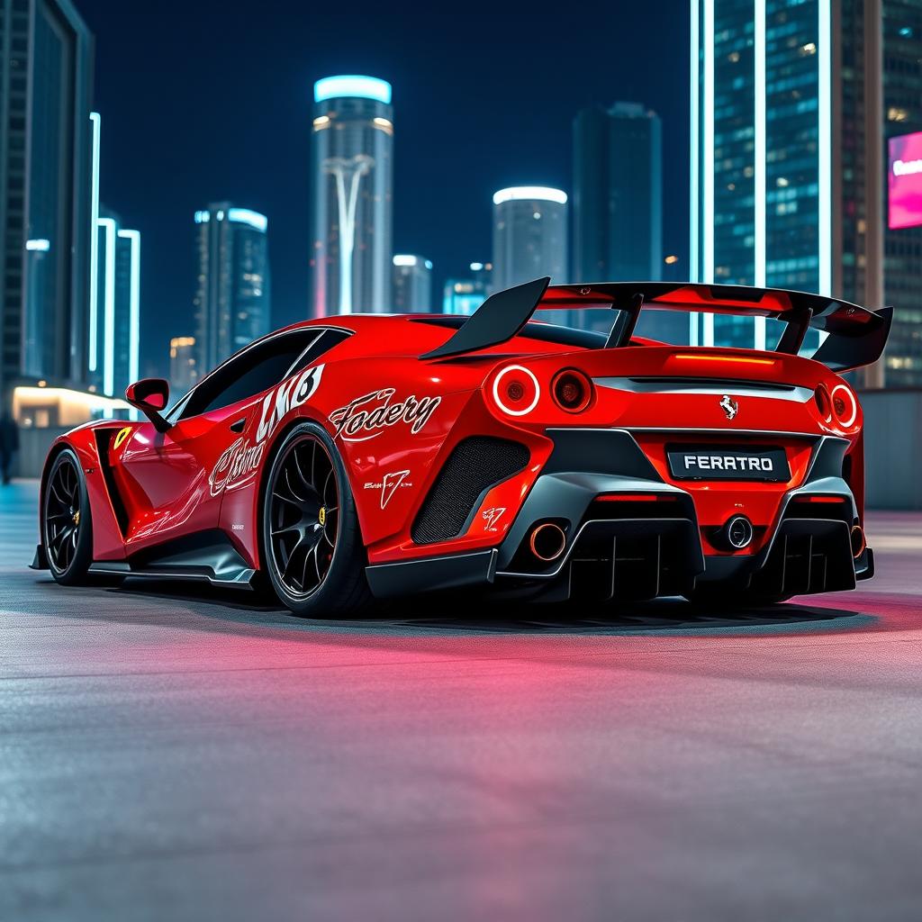 A next generation 2026 Ferrari Ritmo Turbo, showcasing futuristic design elements such as a sleek widebody kit, prominent rear wing, and innovative carbon fiber details