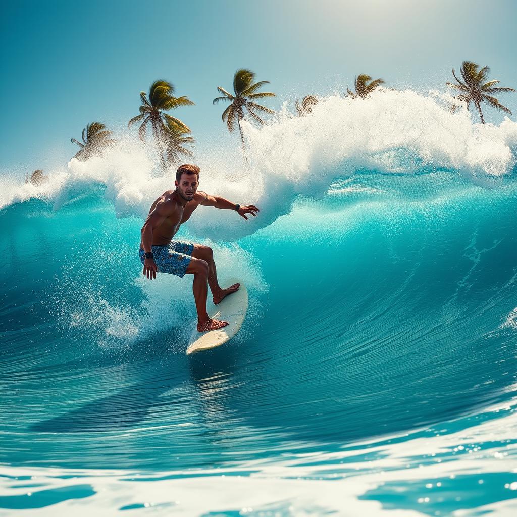 A dynamic surfer expertly riding a massive wave, showcasing skill and determination