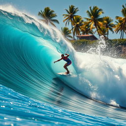 A dynamic surfer expertly riding a massive wave, showcasing skill and determination
