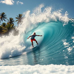 A dynamic surfer expertly riding a massive wave, showcasing skill and determination