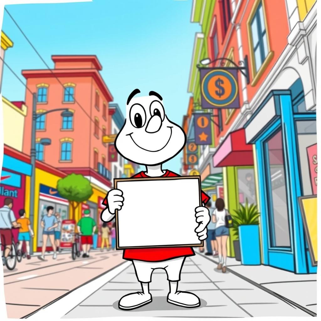 A white cartoon character wearing a bright red T-shirt, holding a signboard on a lively street