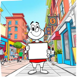 A white cartoon character wearing a bright red T-shirt, holding a signboard on a lively street