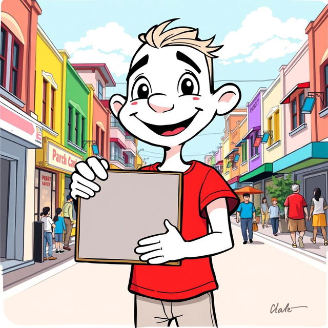 A white cartoon character wearing a bright red T-shirt, holding a signboard on a lively street