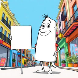 A white cartoon character wearing a bright red T-shirt, holding a signboard on a lively street