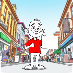 A white cartoon character wearing a bright red T-shirt, holding a signboard on a lively street