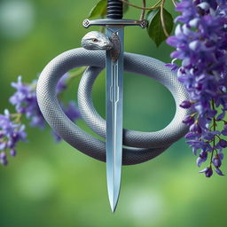 A breathtaking silver serpent intricately wrapped around a gleaming unsheathed sword, which is gracefully hanging from a delicate wisteria vine