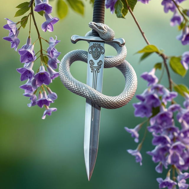 A breathtaking silver serpent intricately wrapped around a gleaming unsheathed sword, which is gracefully hanging from a delicate wisteria vine