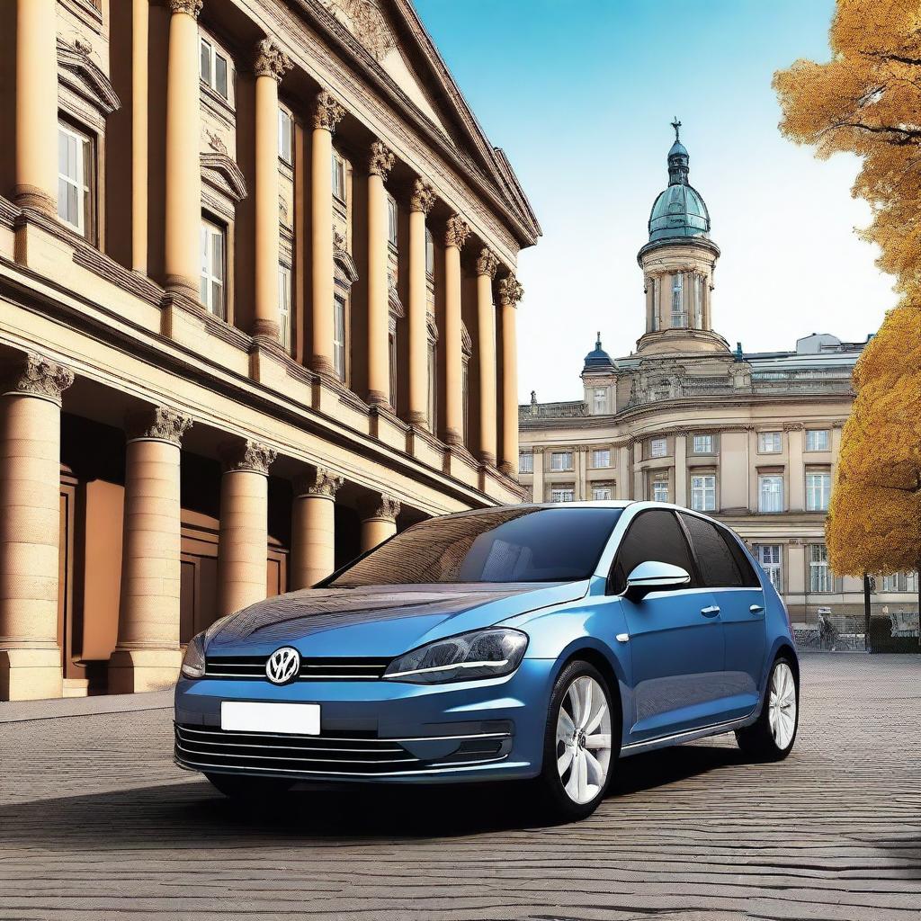 A high-quality digital art image showcasing a Volkswagen Golf IV in the heart of Berlin