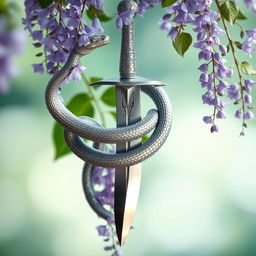 A breathtaking silver serpent intricately wrapped around a gleaming unsheathed sword, which is gracefully hanging from a delicate wisteria vine