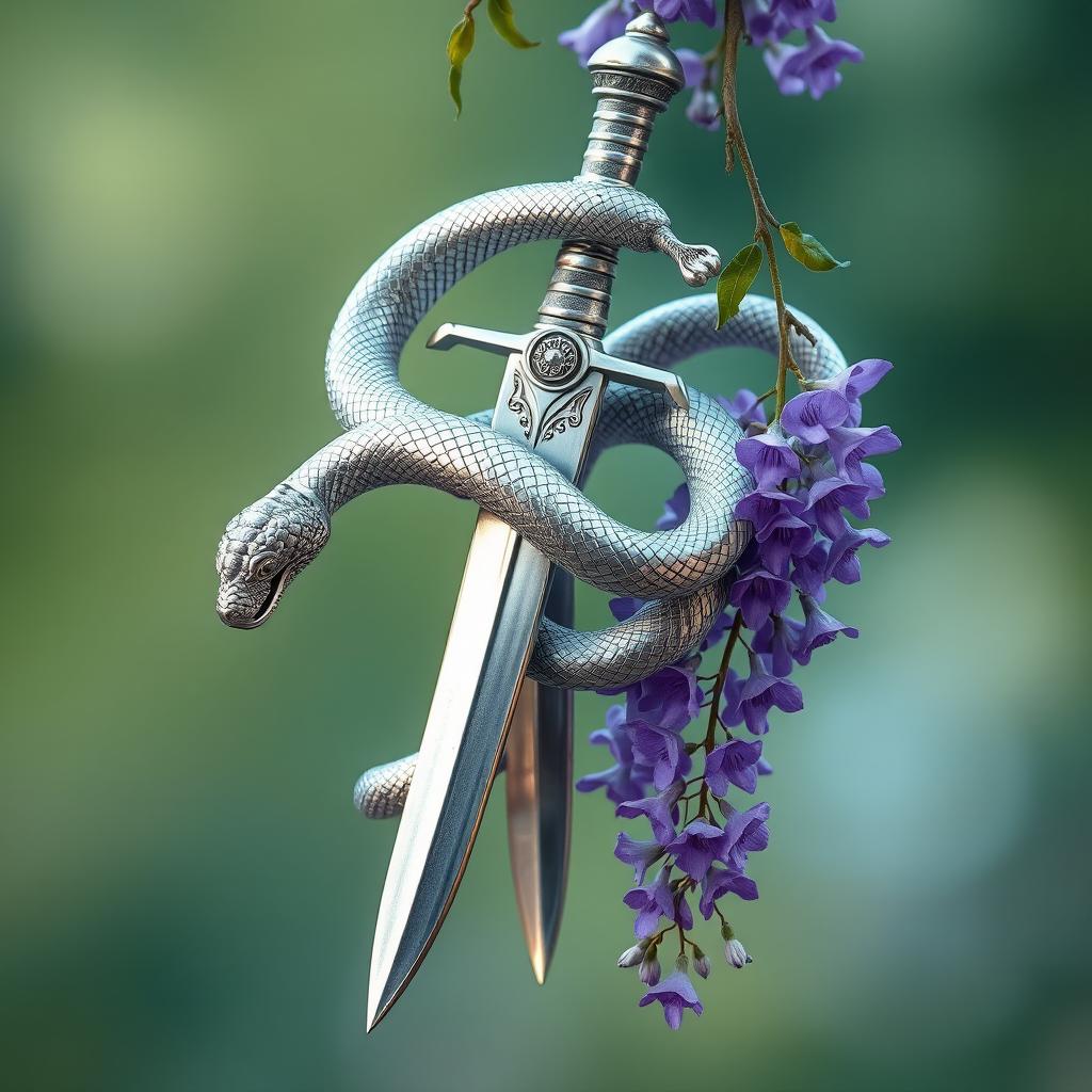 A breathtaking silver serpent intricately wrapped around a gleaming unsheathed sword, which is gracefully hanging from a delicate wisteria vine