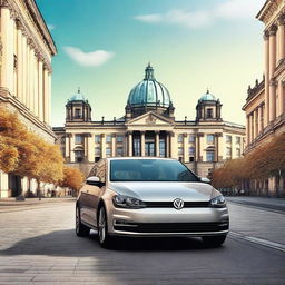 A high-quality digital art image showcasing a Volkswagen Golf IV in the heart of Berlin