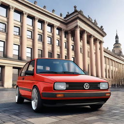 A high-quality digital art image showcasing a Volkswagen Golf IV in the heart of Berlin