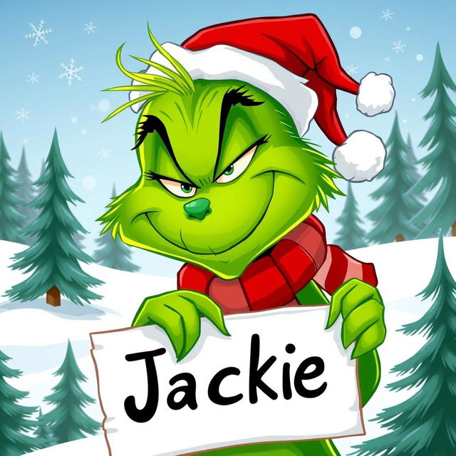 A whimsical illustration of a green Grinch character with a mischievous grin, holding a sign that says 'Jackie'