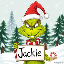 A whimsical illustration of a green Grinch character with a mischievous grin, holding a sign that says 'Jackie'