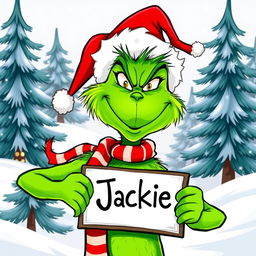A whimsical illustration of a green Grinch character with a mischievous grin, holding a sign that says 'Jackie'