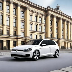 A high-quality digital art image showcasing a Volkswagen Golf IV in the heart of Berlin