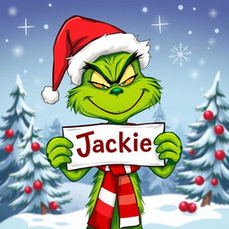 A whimsical illustration of a green Grinch character with a mischievous grin, holding a sign that says 'Jackie'