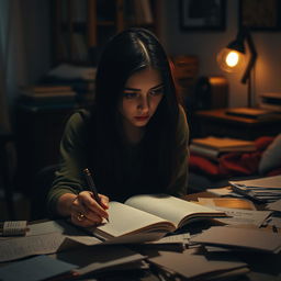 In a dimly lit, cozy room where soft music is playing, Maya, a young woman with long dark hair and expressive eyes, gazes deeply at an empty notebook on a cluttered table strewn with papers