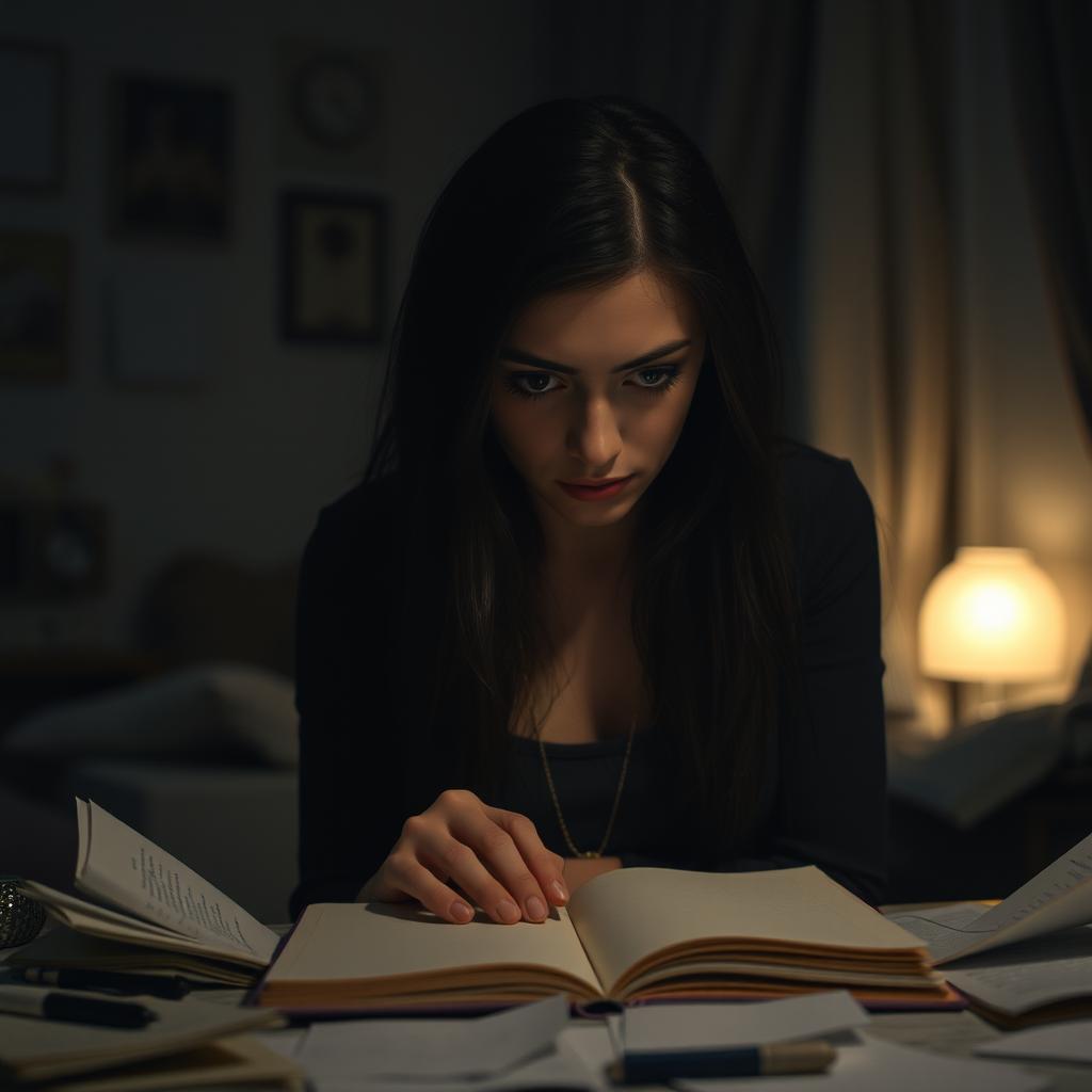 In a dimly lit, cozy room where soft music is playing, Maya, a young woman with long dark hair and expressive eyes, gazes deeply at an empty notebook on a cluttered table strewn with papers