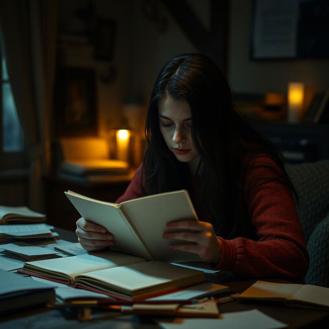 In a dimly lit, cozy room where soft music is playing, Maya, a young woman with long dark hair and expressive eyes, gazes deeply at an empty notebook on a cluttered table strewn with papers