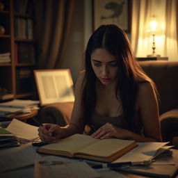 In a dimly lit, cozy room where soft music is playing, Maya, a young woman with long dark hair and expressive eyes, gazes deeply at an empty notebook on a cluttered table strewn with papers