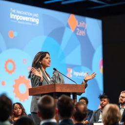 A powerful female speaker delivering a passionate speech at a conference