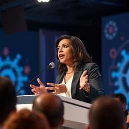 A powerful female speaker delivering a passionate speech at a conference