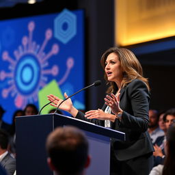A powerful female speaker delivering a passionate speech at a conference