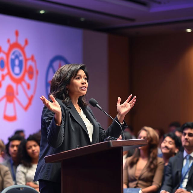 A powerful female speaker delivering a passionate speech at a conference