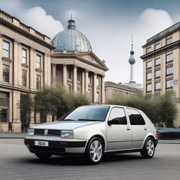 A high-resolution digital art image featuring a Volkswagen Golf IV in Berlin