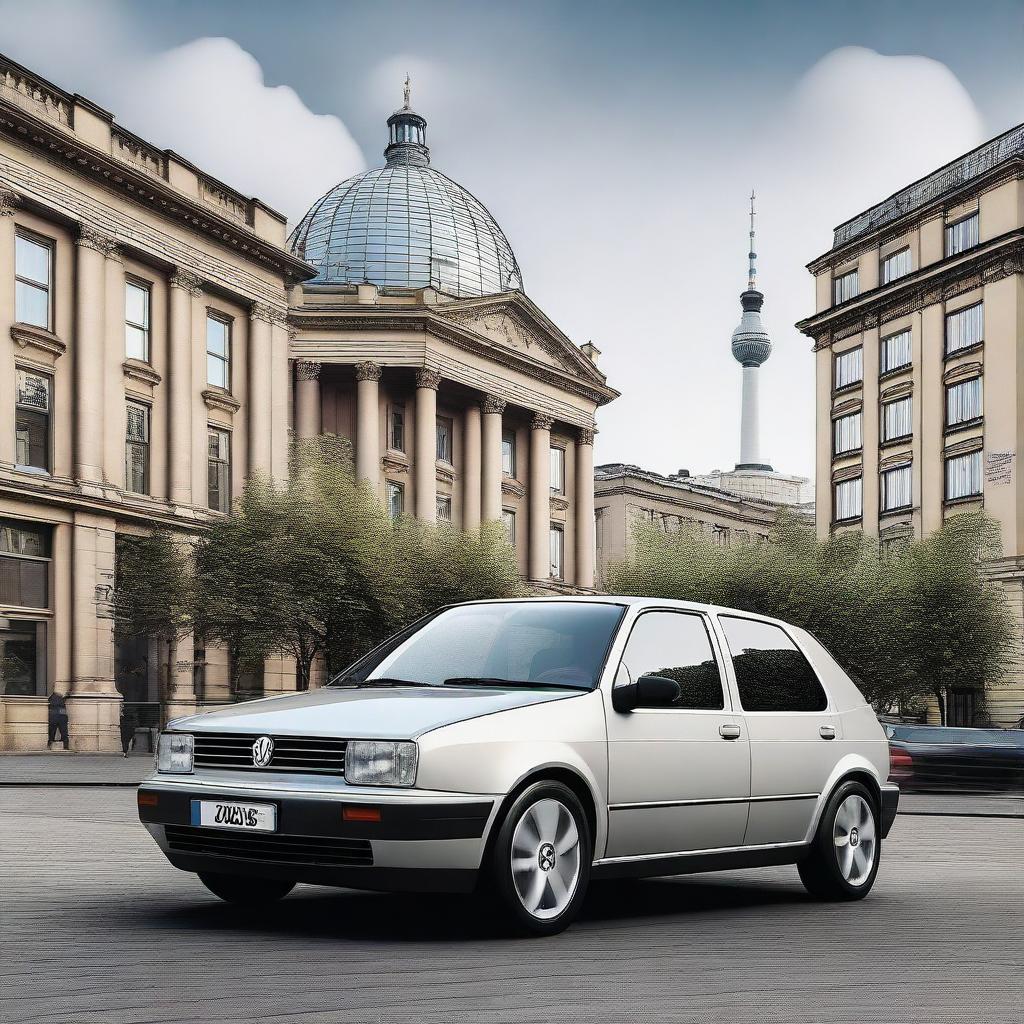 A high-resolution digital art image featuring a Volkswagen Golf IV in Berlin