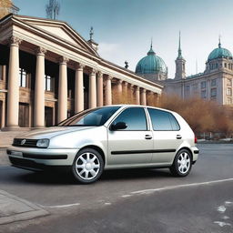 A high-resolution digital art image featuring a Volkswagen Golf IV in Berlin