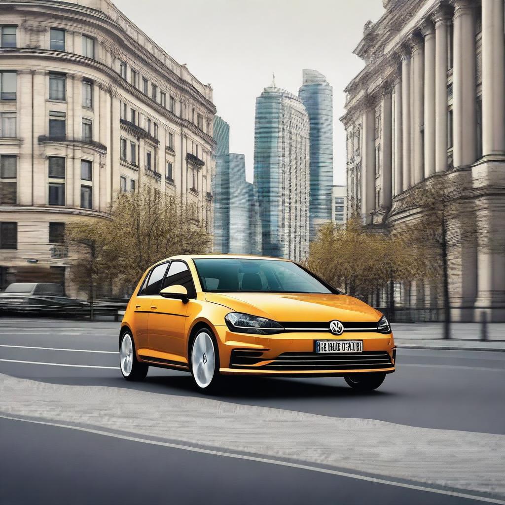 A high-resolution digital art image featuring a Volkswagen Golf IV in Berlin