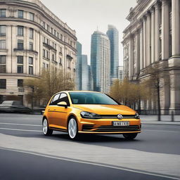 A high-resolution digital art image featuring a Volkswagen Golf IV in Berlin