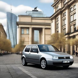 A high-resolution digital art image featuring a Volkswagen Golf IV in Berlin