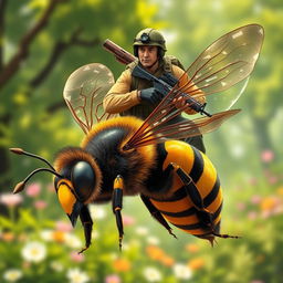 A highly detailed illustration of a commando soldier wearing tactical gear, skillfully riding on a large, realistic bee