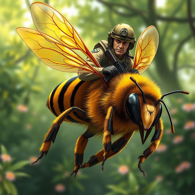 A highly detailed illustration of a commando soldier wearing tactical gear, skillfully riding on a large, realistic bee